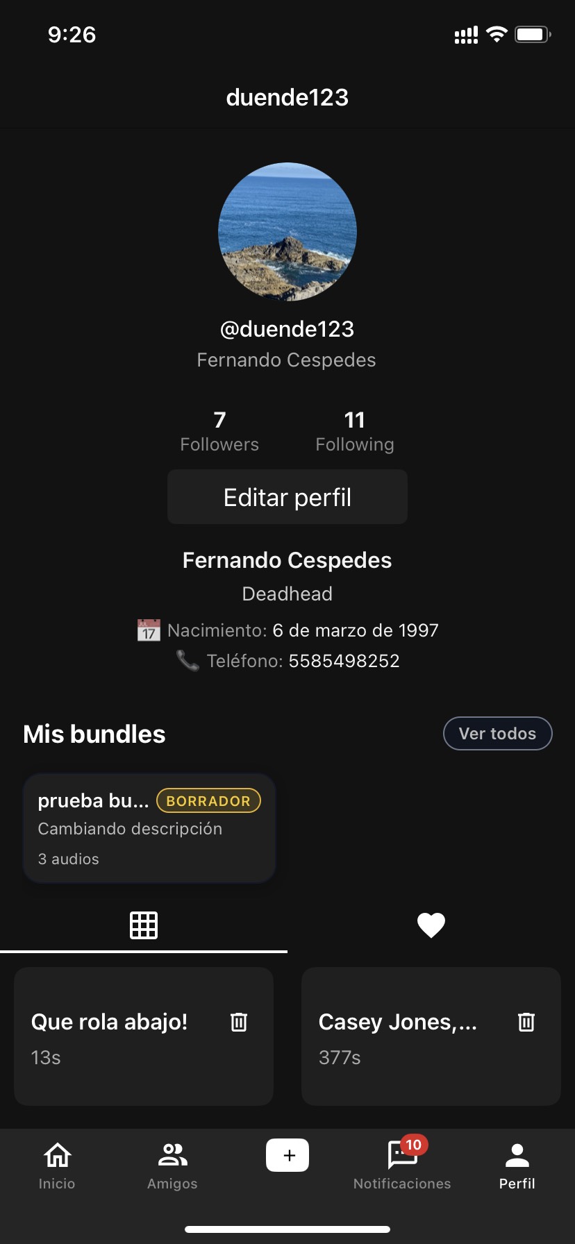 Subir audio y perfil de creador